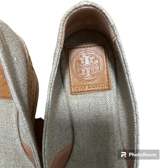 Tory Burch Filipa Wedge Espadrille Peep Toe Canva Beige Shoes Size 5 - Picture 4 of 6
